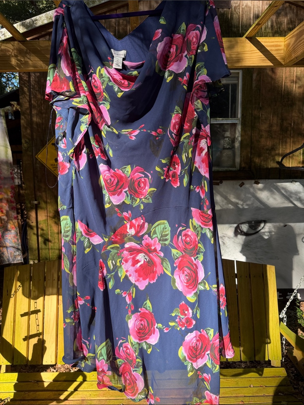 Catherine’s 4x Navy Floral Draped Women's Dress with Pink Rose Print flowy